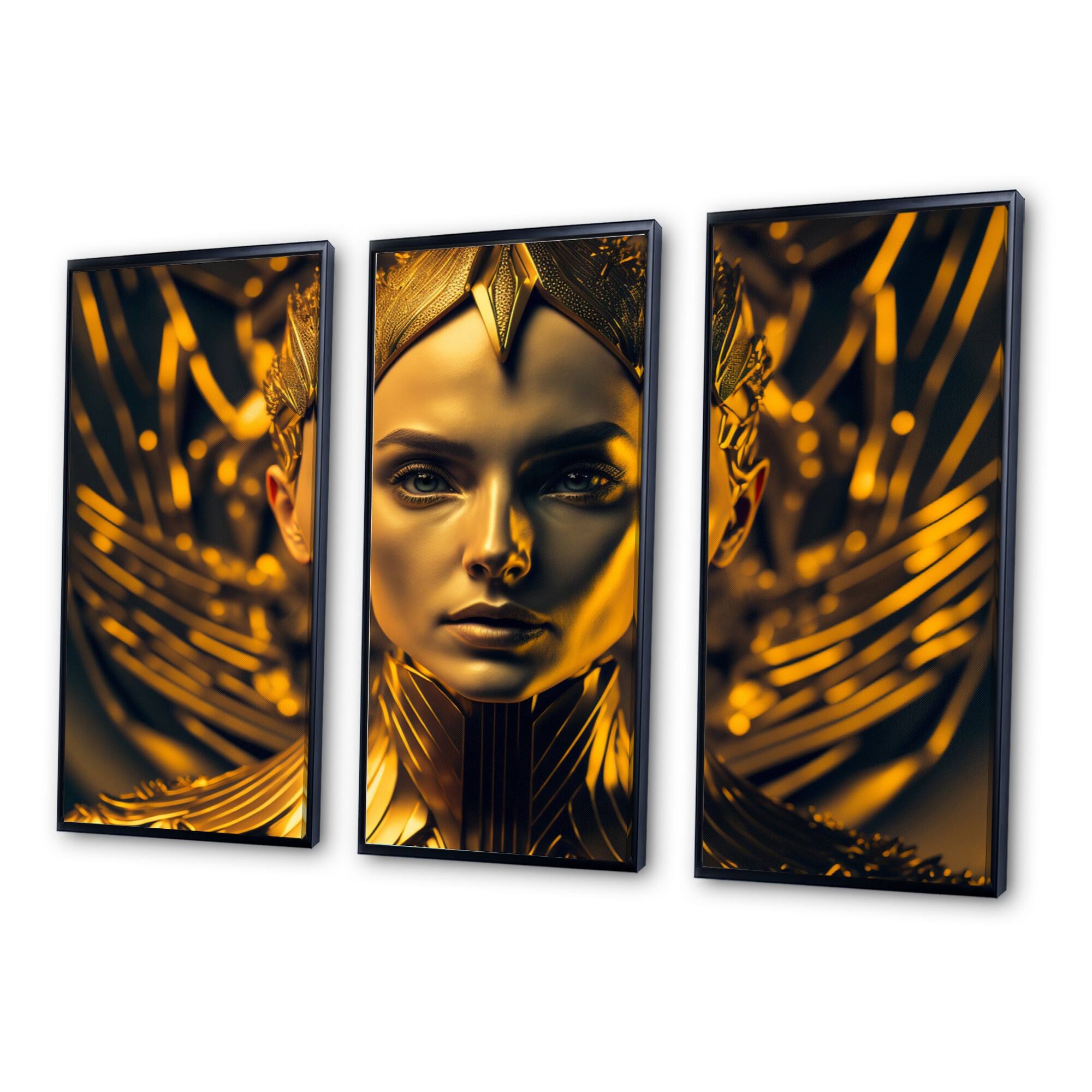 Designart "Futuristic Golden Goddess II" Modern Woman Framed Canvas